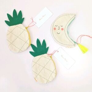 Meri Meri Coin Purse Lot Moon & Pineapple Shape Canvas Embroidered Zipper Pouch